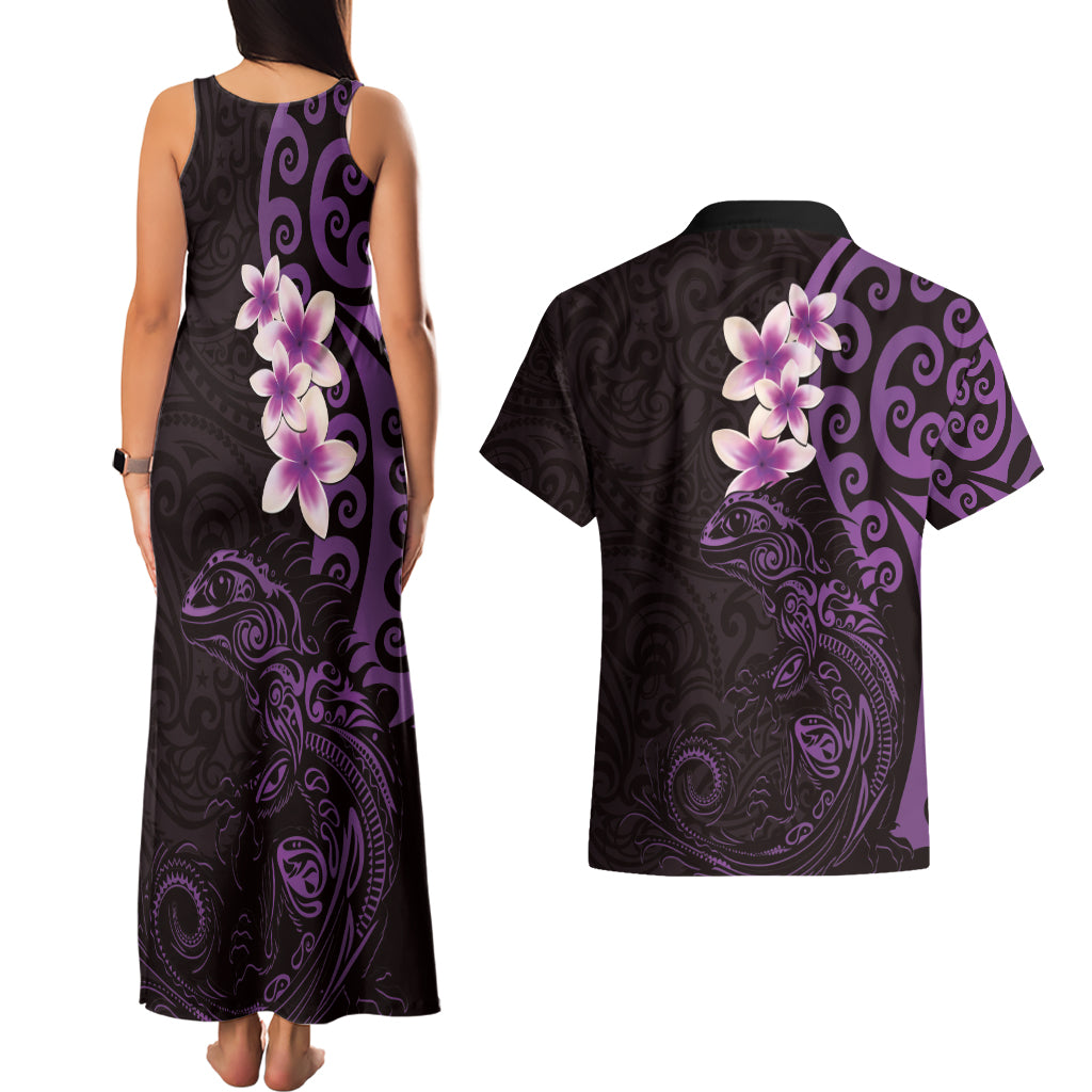 New Zealand Tuatara Plumeria Couples Matching Tank Maxi Dress and Hawaiian Shirt Maori Purple Koru Tribal Tattoo LT01 - Polynesian Pride