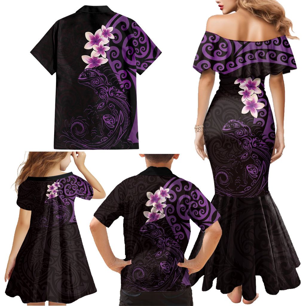 New Zealand Tuatara Plumeria Family Matching Mermaid Dress and Hawaiian Shirt Maori Purple Koru Tribal Tattoo LT01 - Polynesian Pride