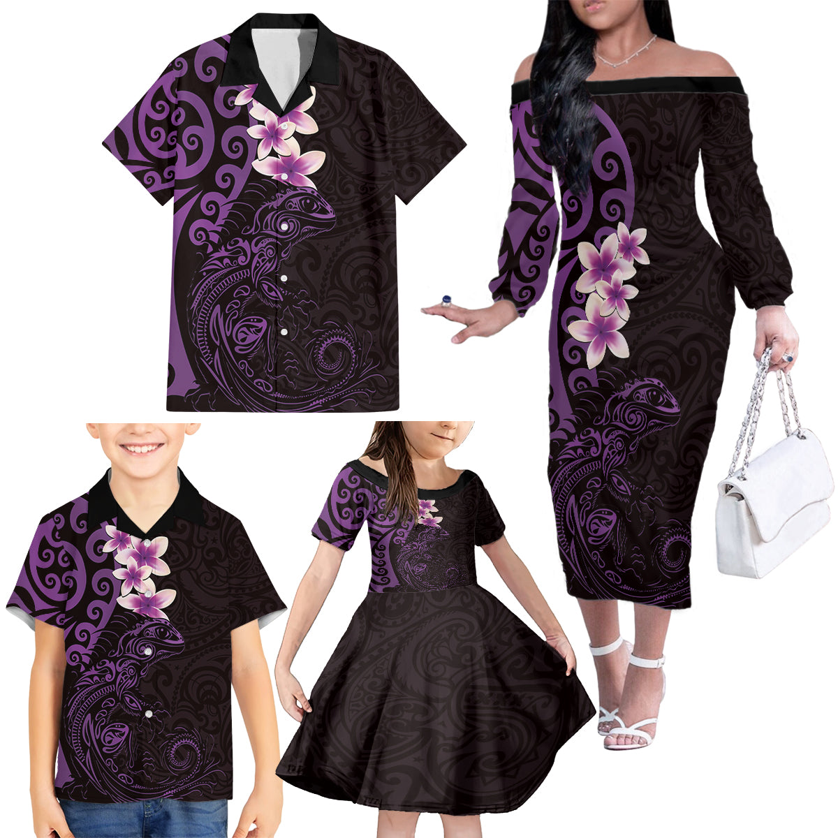 New Zealand Tuatara Plumeria Family Matching Off The Shoulder Long Sleeve Dress and Hawaiian Shirt Maori Purple Koru Tribal Tattoo LT01 - Polynesian Pride