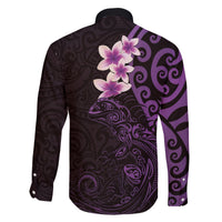 New Zealand Tuatara Plumeria Family Matching Off The Shoulder Long Sleeve Dress and Hawaiian Shirt Maori Purple Koru Tribal Tattoo LT01 - Polynesian Pride