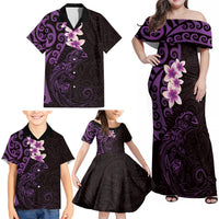 New Zealand Tuatara Plumeria Family Matching Off Shoulder Maxi Dress and Hawaiian Shirt Maori Purple Koru Tribal Tattoo LT01 - Polynesian Pride