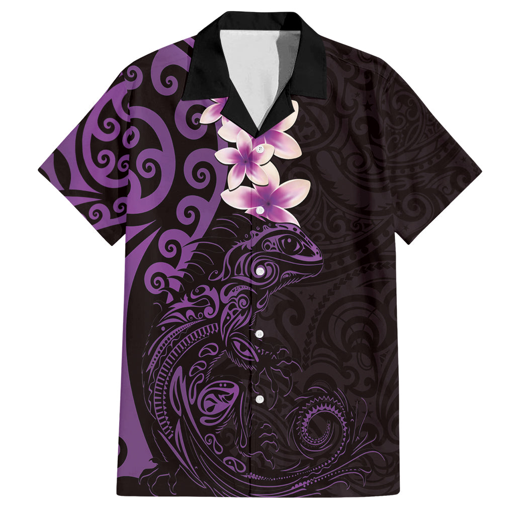 New Zealand Tuatara Plumeria Family Matching Off Shoulder Maxi Dress and Hawaiian Shirt Maori Purple Koru Tribal Tattoo LT01 Dad's Shirt - Short Sleeve Purple - Polynesian Pride