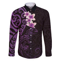 New Zealand Tuatara Plumeria Family Matching Off Shoulder Maxi Dress and Hawaiian Shirt Maori Purple Koru Tribal Tattoo LT01 Dad's Shirt - Long Sleeve Purple - Polynesian Pride