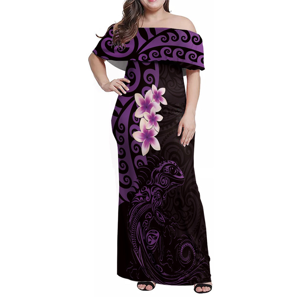 New Zealand Tuatara Plumeria Family Matching Off Shoulder Maxi Dress and Hawaiian Shirt Maori Purple Koru Tribal Tattoo LT01 Mom's Dress Purple - Polynesian Pride