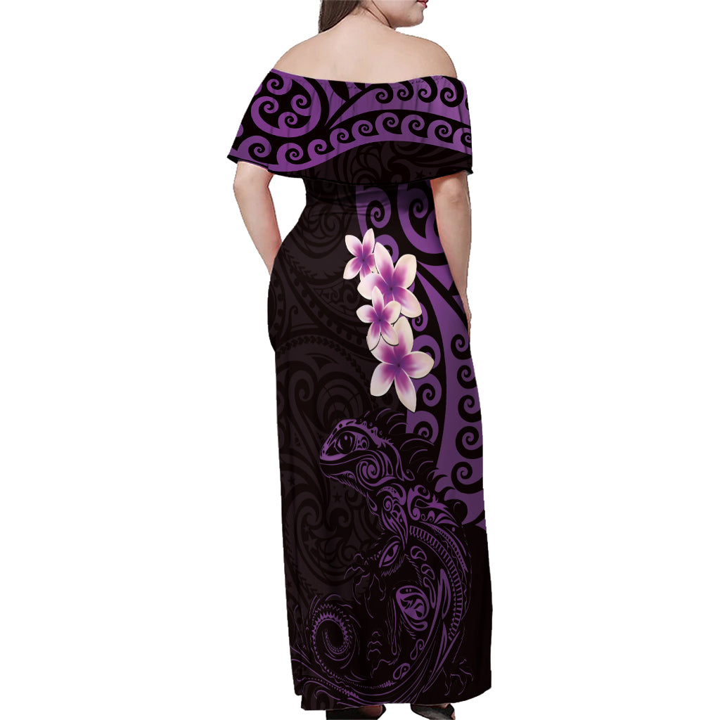 New Zealand Tuatara Plumeria Family Matching Off Shoulder Maxi Dress and Hawaiian Shirt Maori Purple Koru Tribal Tattoo LT01 - Polynesian Pride