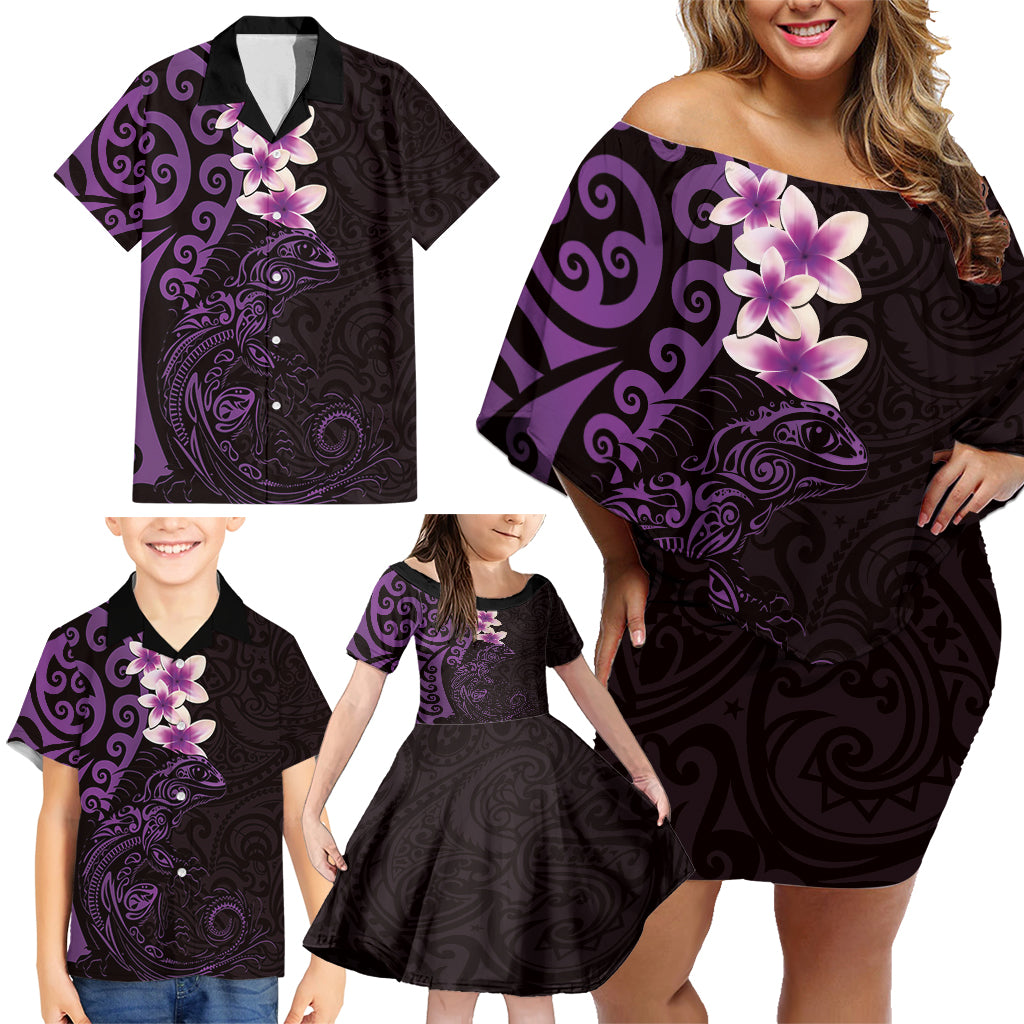 New Zealand Tuatara Plumeria Family Matching Off Shoulder Short Dress and Hawaiian Shirt Maori Purple Koru Tribal Tattoo LT01 - Polynesian Pride