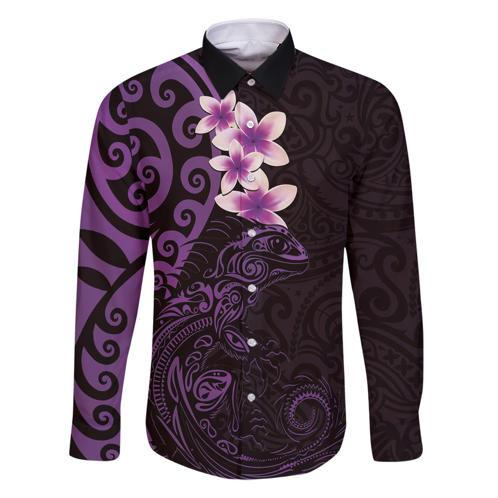 New Zealand Tuatara Plumeria Family Matching Off Shoulder Short Dress and Hawaiian Shirt Maori Purple Koru Tribal Tattoo LT01 Dad's Shirt - Long Sleeve Purple - Polynesian Pride