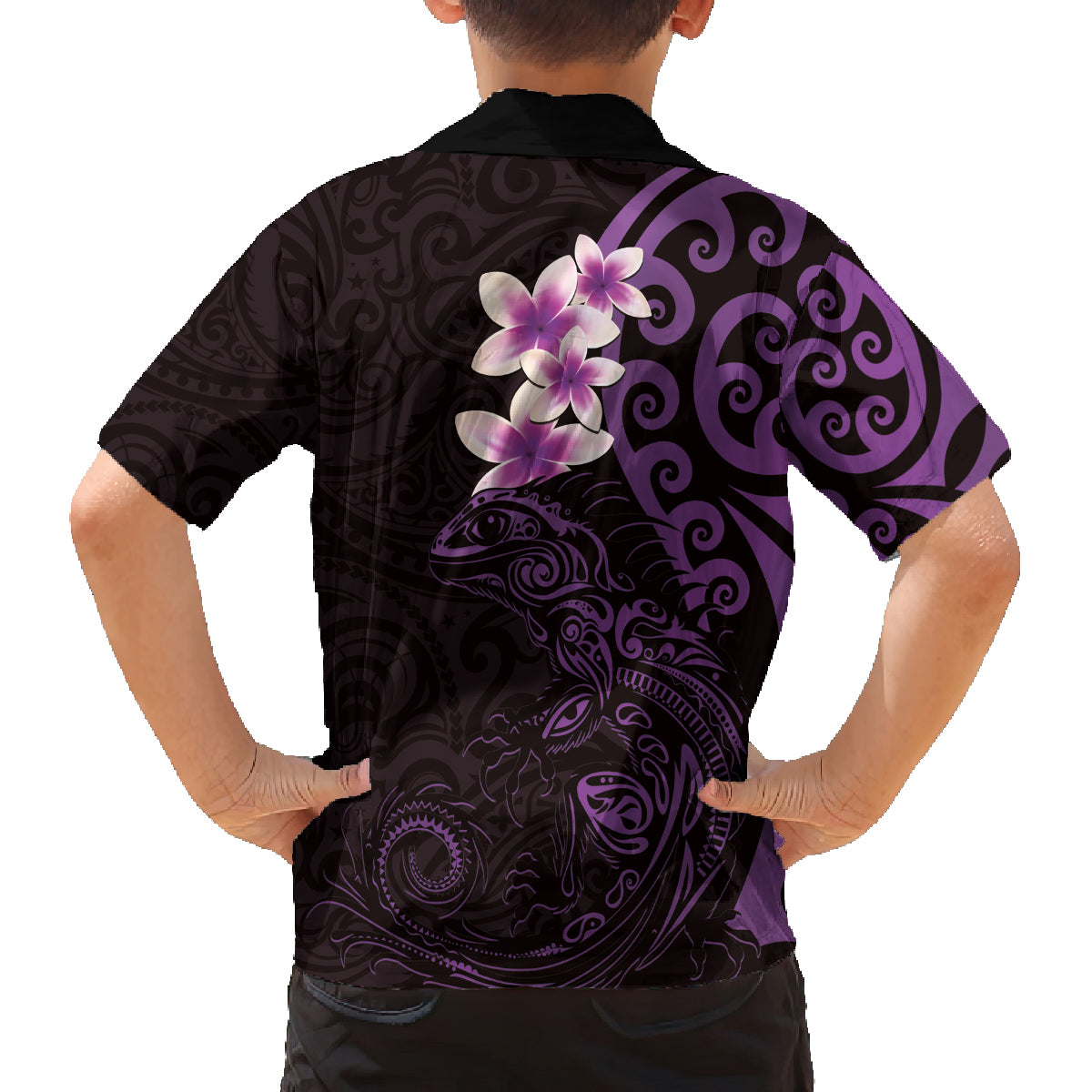 New Zealand Tuatara Plumeria Family Matching Puletasi and Hawaiian Shirt Maori Purple Koru Tribal Tattoo LT01 - Polynesian Pride