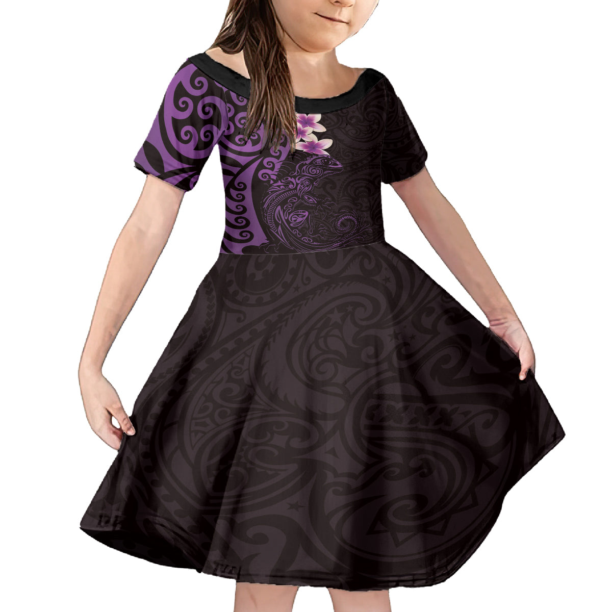 New Zealand Tuatara Plumeria Family Matching Puletasi and Hawaiian Shirt Maori Purple Koru Tribal Tattoo LT01 Daughter's Dress Purple - Polynesian Pride
