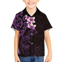 New Zealand Tuatara Plumeria Family Matching Summer Maxi Dress and Hawaiian Shirt Maori Purple Koru Tribal Tattoo LT01 Son's Shirt Purple - Polynesian Pride