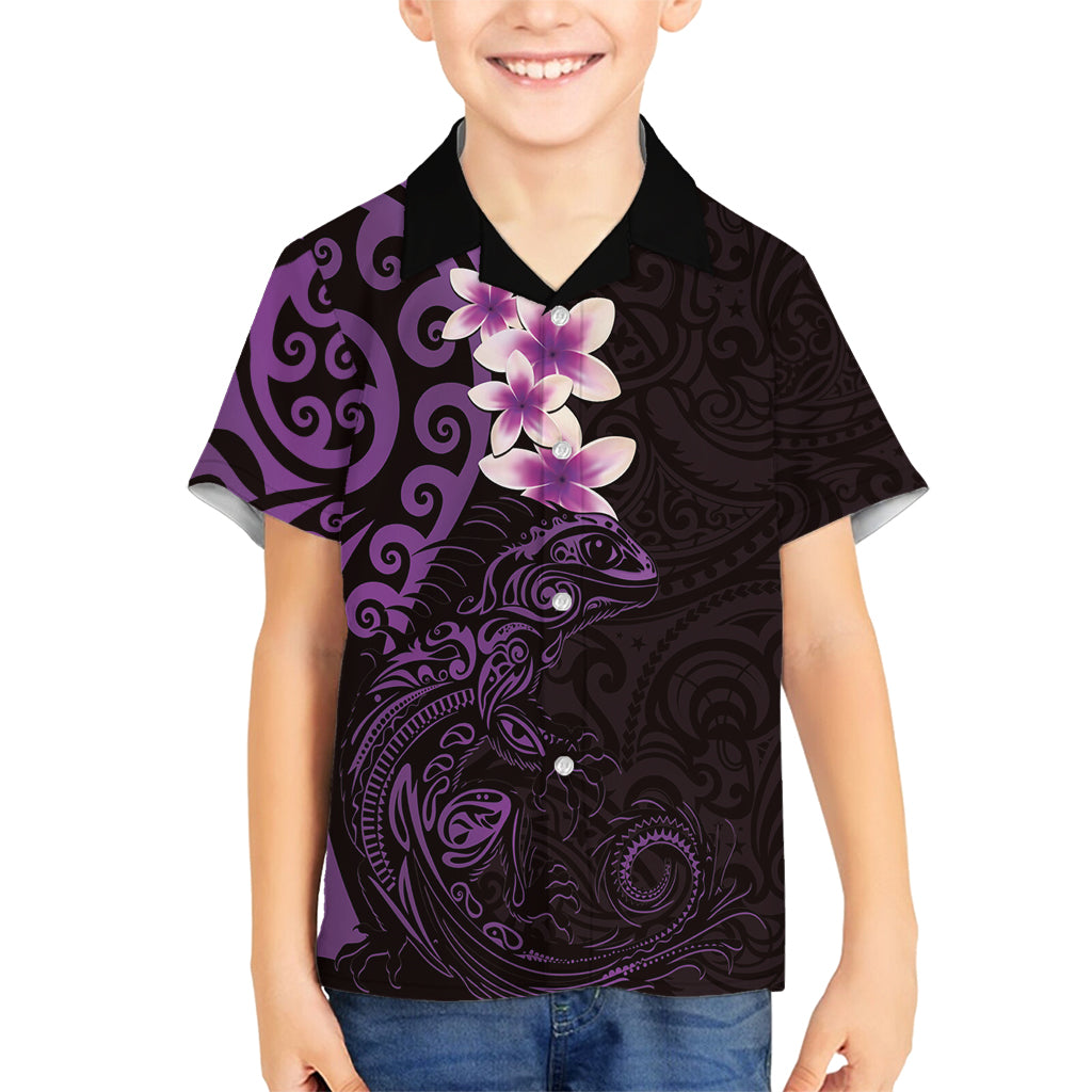 New Zealand Tuatara Plumeria Family Matching Tank Maxi Dress and Hawaiian Shirt Maori Purple Koru Tribal Tattoo LT01 Son's Shirt Purple - Polynesian Pride
