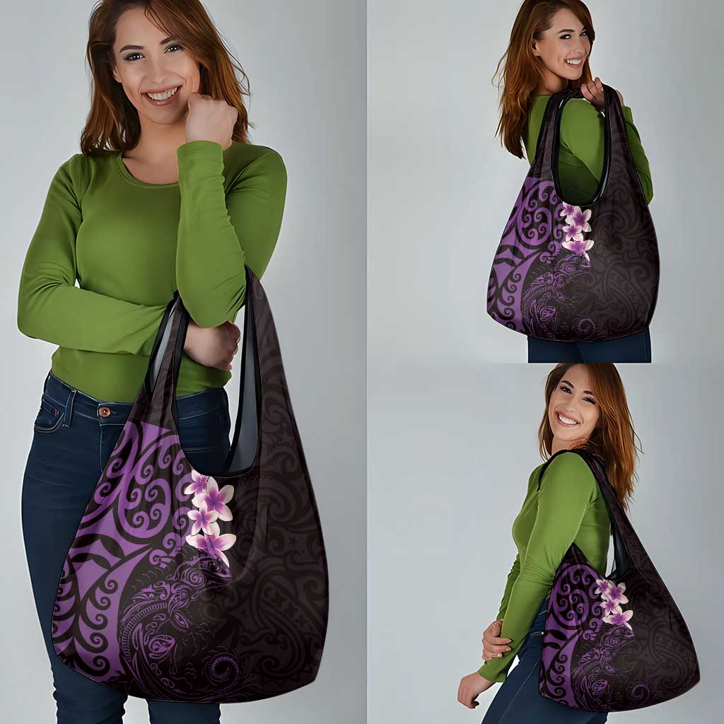 New Zealand Tuatara Plumeria Grocery Bag Maori Purple Koru Tribal Tattoo LT01 - Polynesian Pride