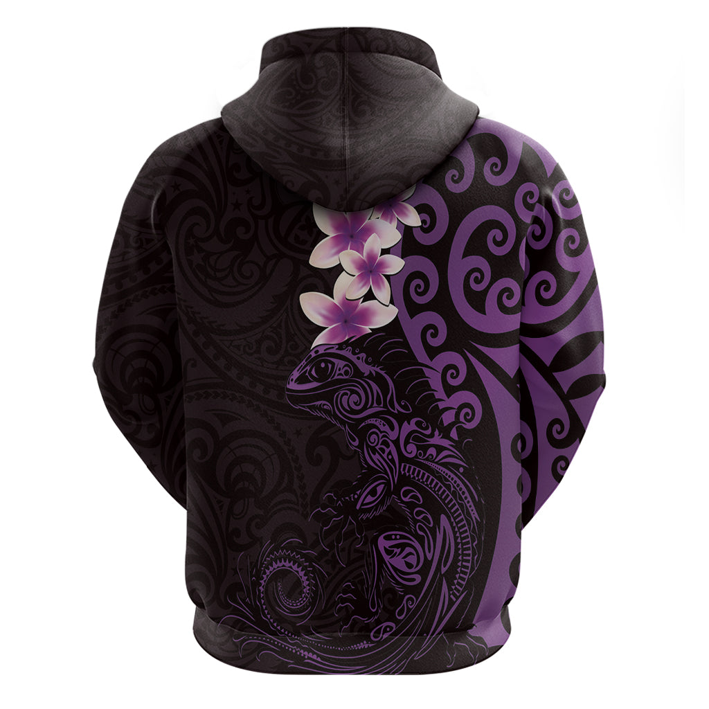 New Zealand Tuatara Plumeria Hoodie Maori Purple Koru Tribal Tattoo LT01 - Polynesian Pride