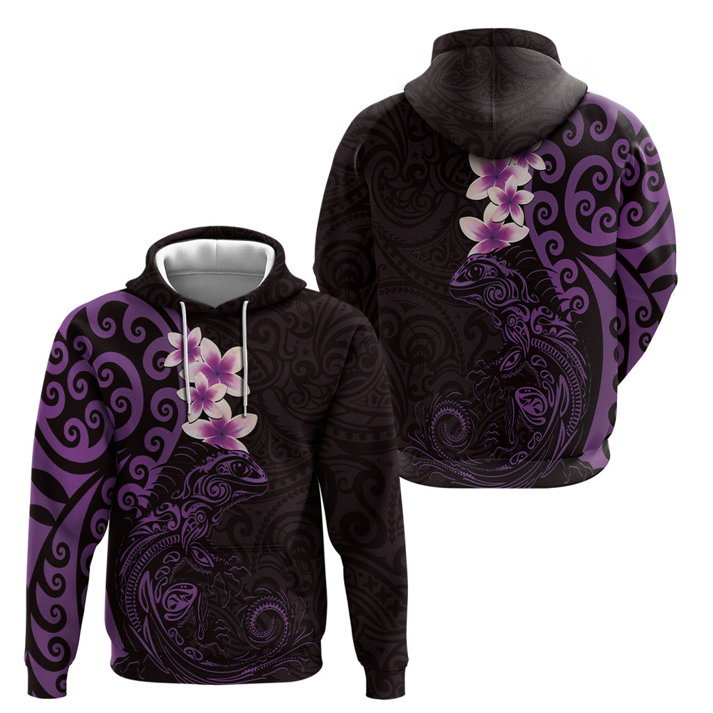 New Zealand Tuatara Plumeria Hoodie Maori Purple Koru Tribal Tattoo LT01 - Polynesian Pride