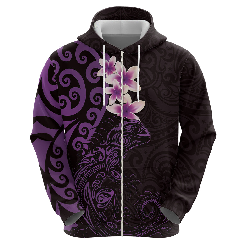 New Zealand Tuatara Plumeria Hoodie Maori Purple Koru Tribal Tattoo LT01 - Polynesian Pride