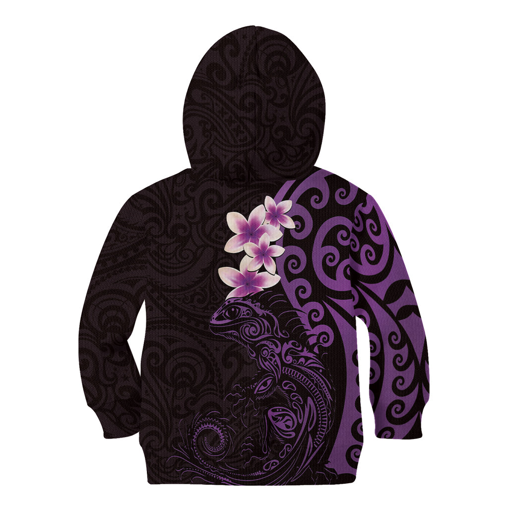 New Zealand Tuatara Plumeria Kid Hoodie Maori Purple Koru Tribal Tattoo LT01 - Polynesian Pride