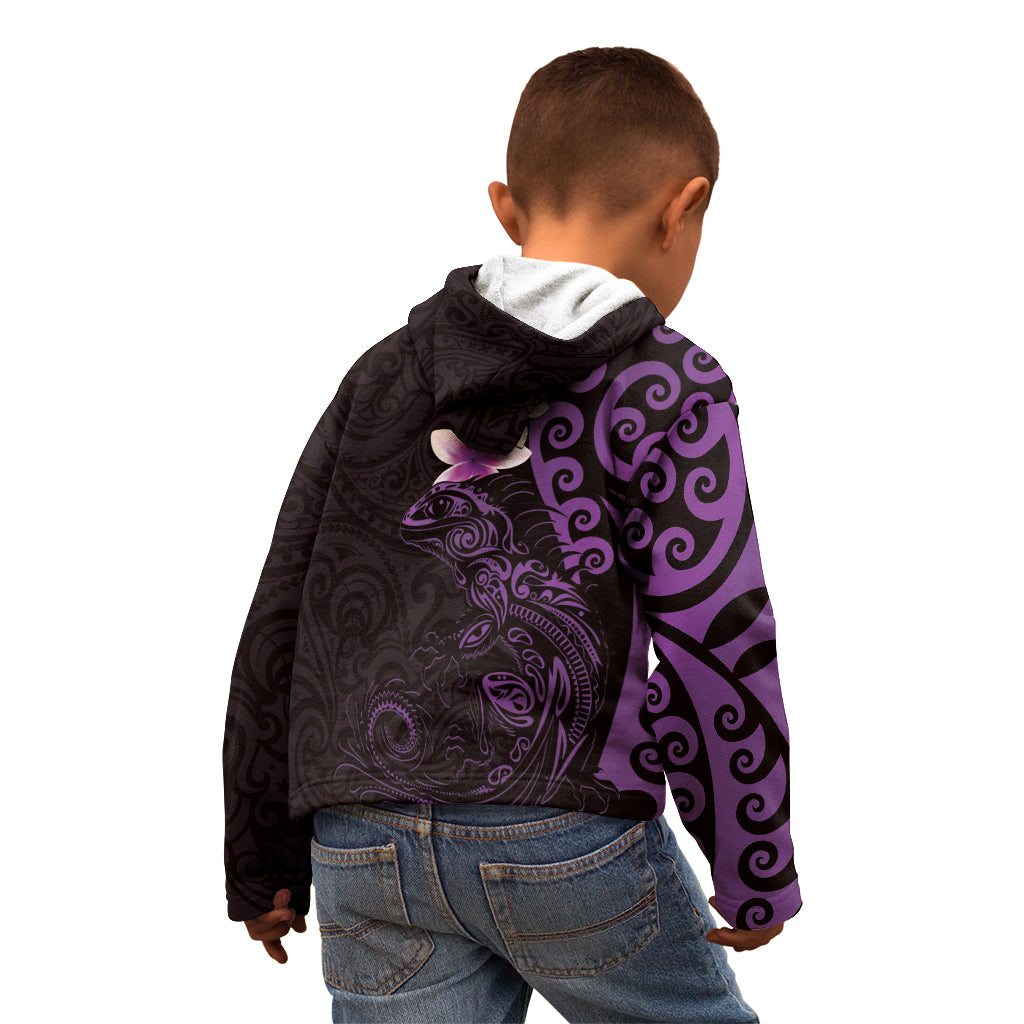 New Zealand Tuatara Plumeria Kid Hoodie Maori Purple Koru Tribal Tattoo LT01 - Polynesian Pride