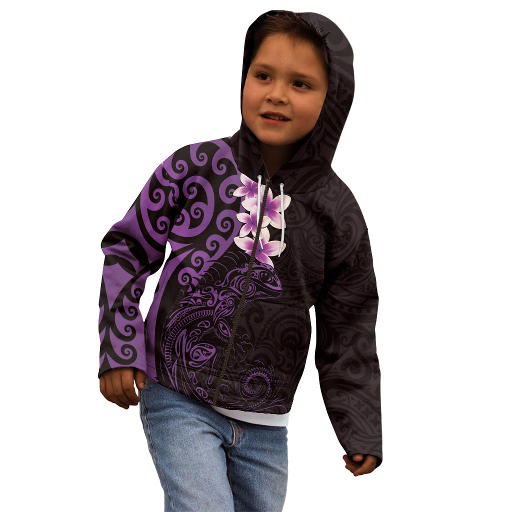 New Zealand Tuatara Plumeria Kid Hoodie Maori Purple Koru Tribal Tattoo LT01 - Polynesian Pride