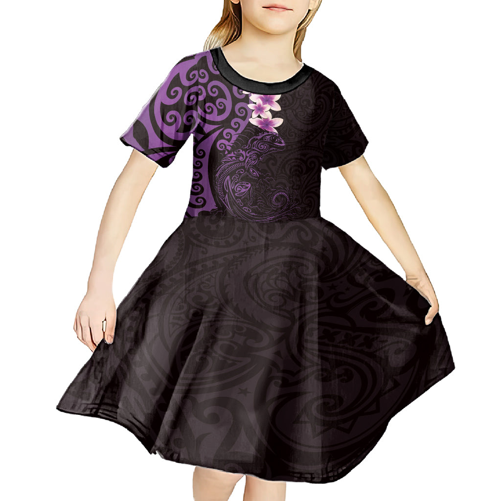 New Zealand Tuatara Plumeria Kid Short Sleeve Dress Maori Purple Koru Tribal Tattoo LT01 - Polynesian Pride