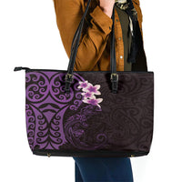 New Zealand Tuatara Plumeria Leather Tote Bag Maori Purple Koru Tribal Tattoo LT01 - Polynesian Pride