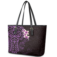 New Zealand Tuatara Plumeria Leather Tote Bag Maori Purple Koru Tribal Tattoo LT01 - Polynesian Pride
