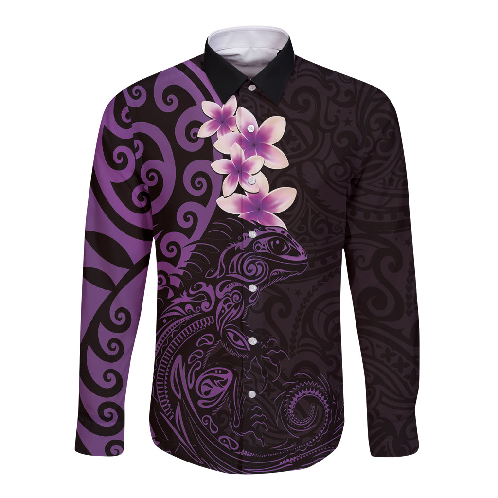 New Zealand Tuatara Plumeria Long Sleeve Button Shirt Maori Purple Koru Tribal Tattoo LT01 Unisex Purple - Polynesian Pride