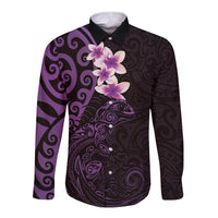 New Zealand Tuatara Plumeria Long Sleeve Button Shirt Maori Purple Koru Tribal Tattoo LT01 Unisex Purple - Polynesian Pride