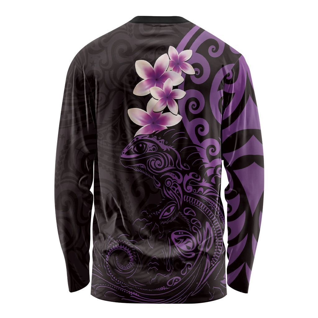New Zealand Tuatara Plumeria Long Sleeve Shirt Maori Purple Koru Tribal Tattoo LT01 - Polynesian Pride