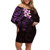 New Zealand Tuatara Plumeria Off Shoulder Short Dress Maori Purple Koru Tribal Tattoo LT01 Women Purple - Polynesian Pride