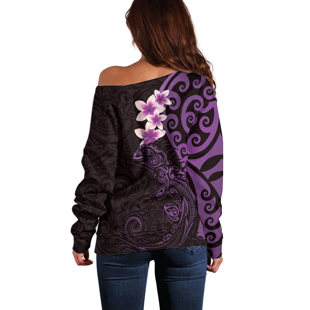New Zealand Tuatara Plumeria Off Shoulder Sweater Maori Purple Koru Tribal Tattoo LT01 - Polynesian Pride