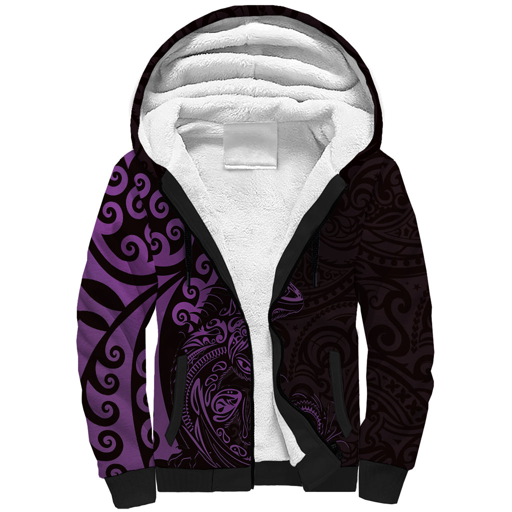 New Zealand Tuatara Plumeria Sherpa Hoodie Maori Purple Koru Tribal Tattoo LT01 Unisex Purple - Polynesian Pride