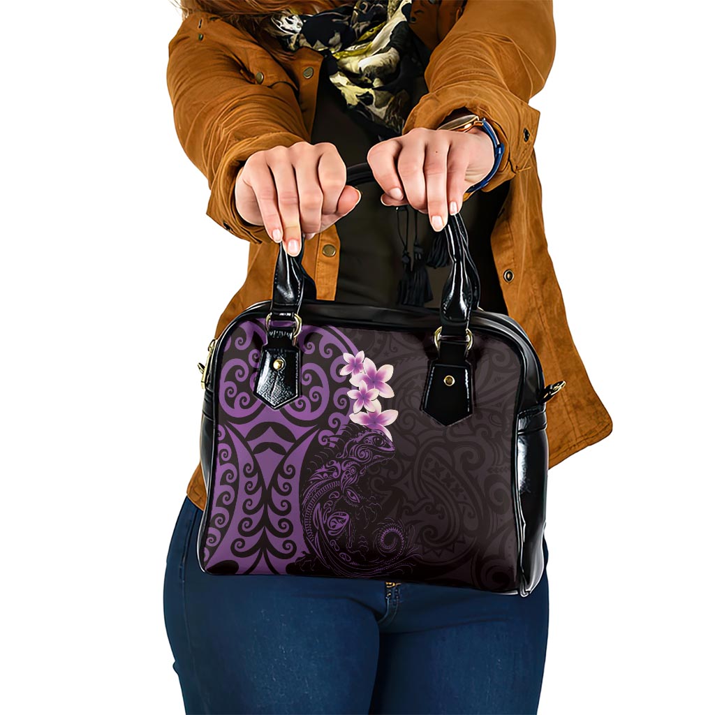 New Zealand Tuatara Plumeria Shoulder Handbag Maori Purple Koru Tribal Tattoo LT01 One Size Purple - Polynesian Pride
