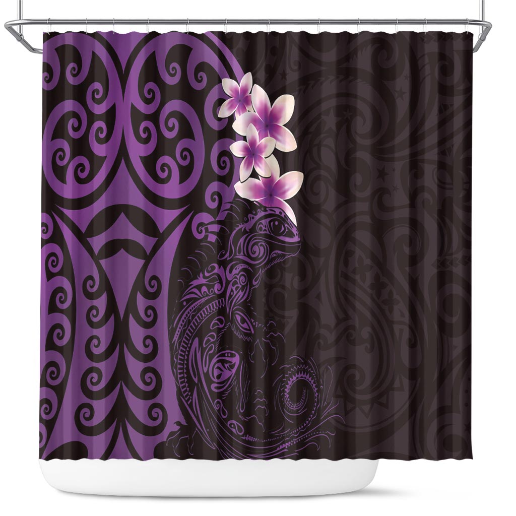 New Zealand Tuatara Plumeria Shower Curtain Maori Purple Koru Tribal Tattoo LT01 Purple - Polynesian Pride