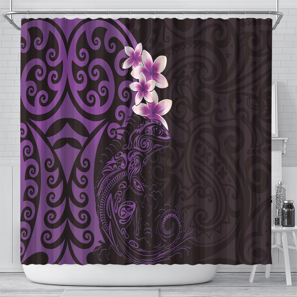 New Zealand Tuatara Plumeria Shower Curtain Maori Purple Koru Tribal Tattoo LT01 - Polynesian Pride