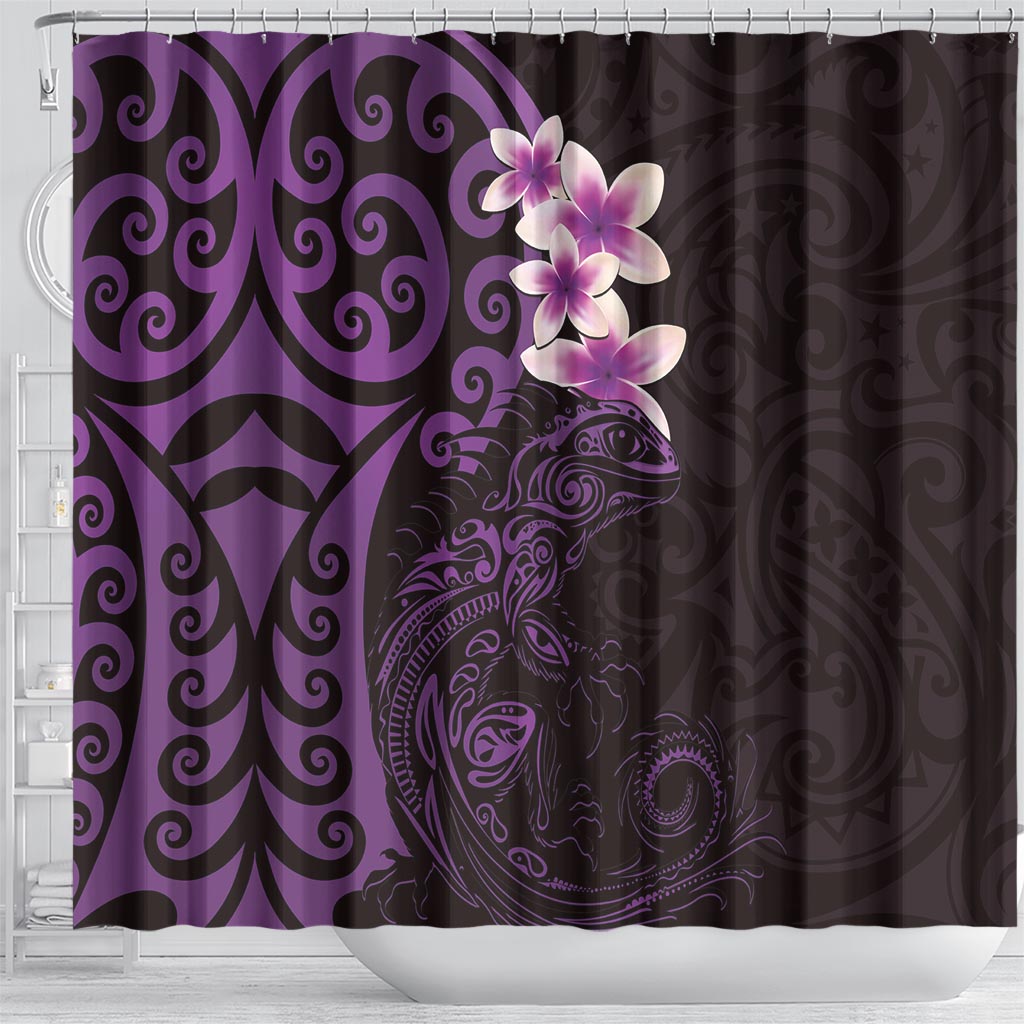 New Zealand Tuatara Plumeria Shower Curtain Maori Purple Koru Tribal Tattoo LT01 - Polynesian Pride