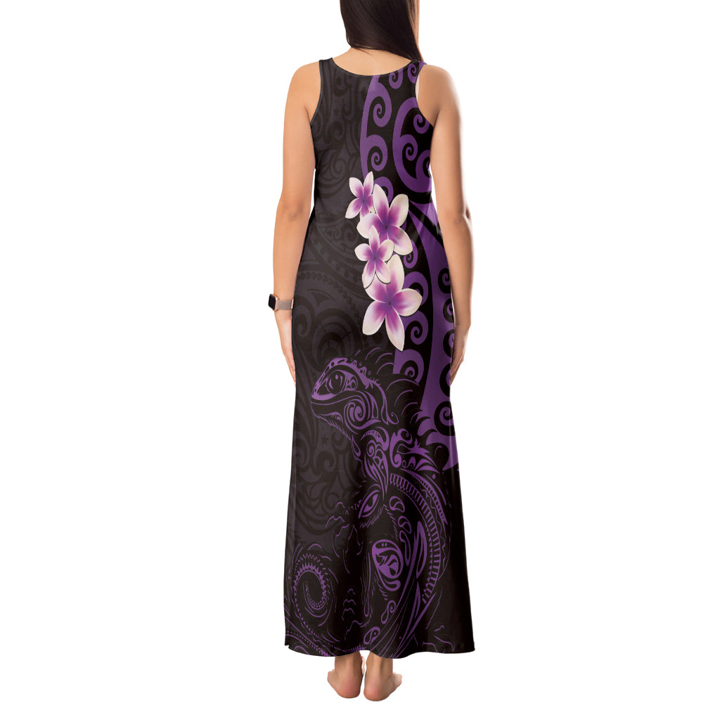 New Zealand Tuatara Plumeria Tank Maxi Dress Maori Purple Koru Tribal Tattoo LT01 - Polynesian Pride