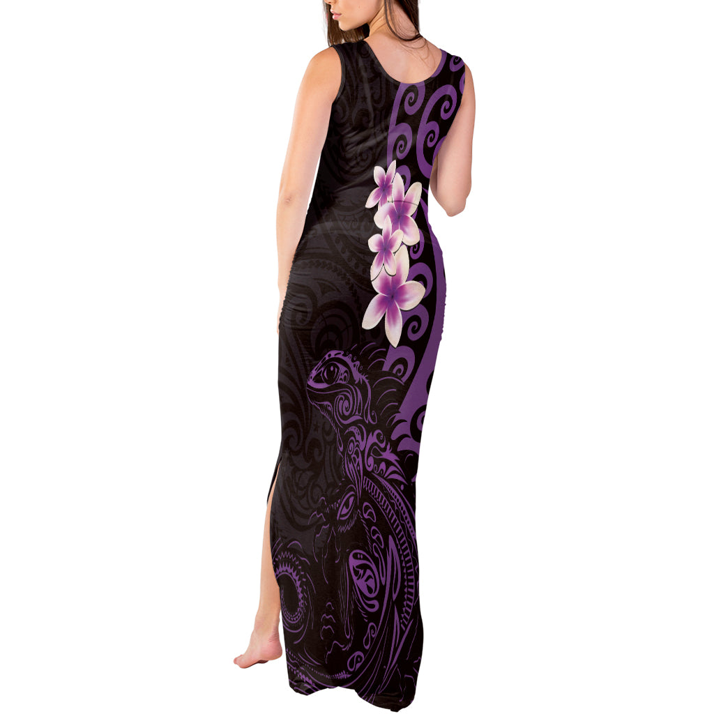 New Zealand Tuatara Plumeria Tank Maxi Dress Maori Purple Koru Tribal Tattoo LT01 - Polynesian Pride