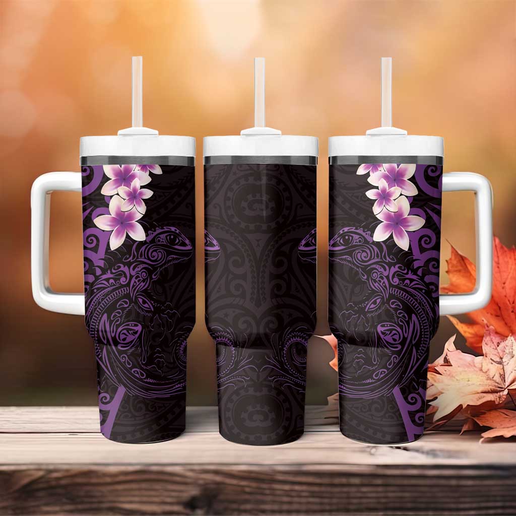 New Zealand Tuatara Plumeria Tumbler With Handle Maori Purple Koru Tribal Tattoo LT01 - Polynesian Pride