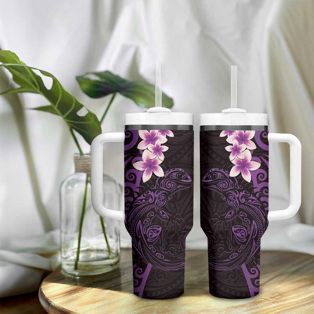 New Zealand Tuatara Plumeria Tumbler With Handle Maori Purple Koru Tribal Tattoo LT01 - Polynesian Pride