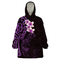 New Zealand Tuatara Plumeria Wearable Blanket Hoodie Maori Purple Koru Tribal Tattoo LT01 One Size Purple - Polynesian Pride