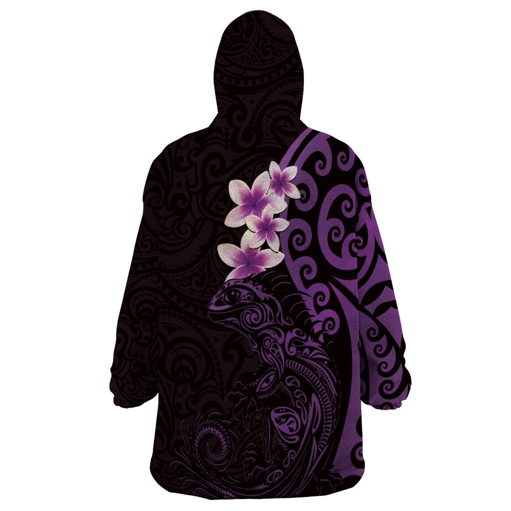New Zealand Tuatara Plumeria Wearable Blanket Hoodie Maori Purple Koru Tribal Tattoo LT01 - Polynesian Pride