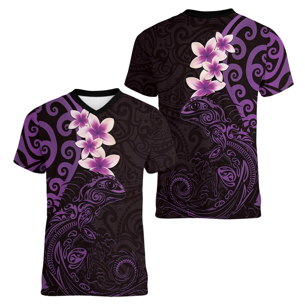 New Zealand Tuatara Plumeria Women V-Neck T-Shirt Maori Purple Koru Tribal Tattoo