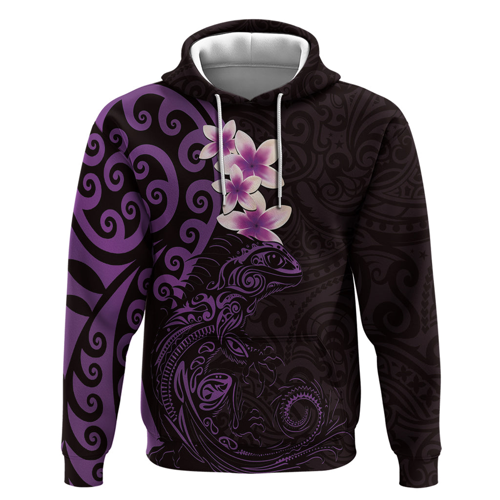 New Zealand Tuatara Plumeria Zip Hoodie Maori Purple Koru Tribal Tattoo LT01 Pullover Hoodie Purple - Polynesian Pride
