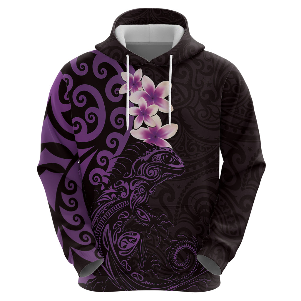 New Zealand Tuatara Plumeria Zip Hoodie Maori Purple Koru Tribal Tattoo LT01 - Polynesian Pride