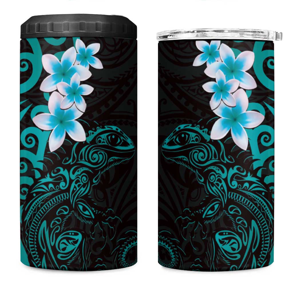 New Zealand Tuatara Plumeria 4 in 1 Can Cooler Tumbler Maori Teal Koru Tribal Tattoo LT01 One Size: 16 oz Teal - Polynesian Pride