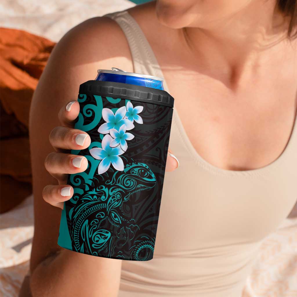 New Zealand Tuatara Plumeria 4 in 1 Can Cooler Tumbler Maori Teal Koru Tribal Tattoo LT01 - Polynesian Pride