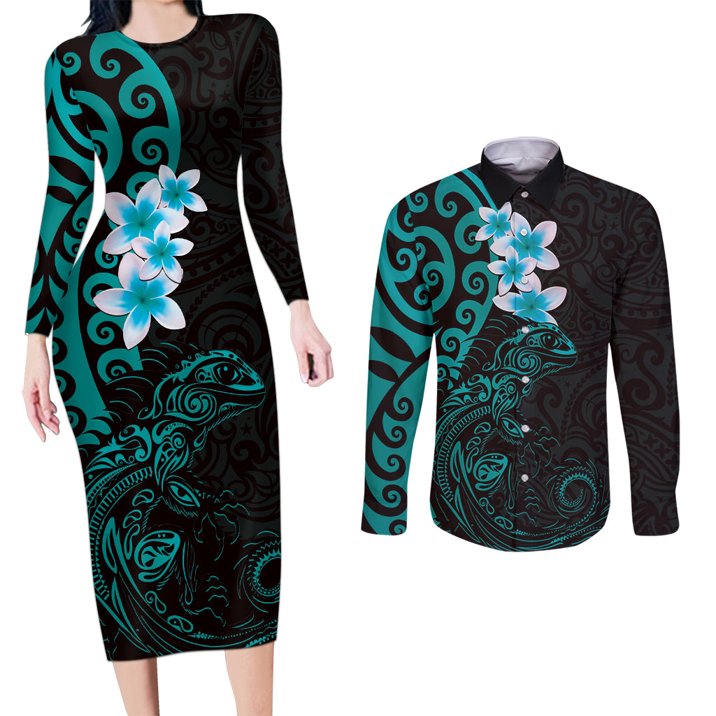 New Zealand Tuatara Plumeria Couples Matching Long Sleeve Bodycon Dress and Long Sleeve Button Shirt Maori Teal Koru Tribal Tattoo LT01 Teal - Polynesian Pride