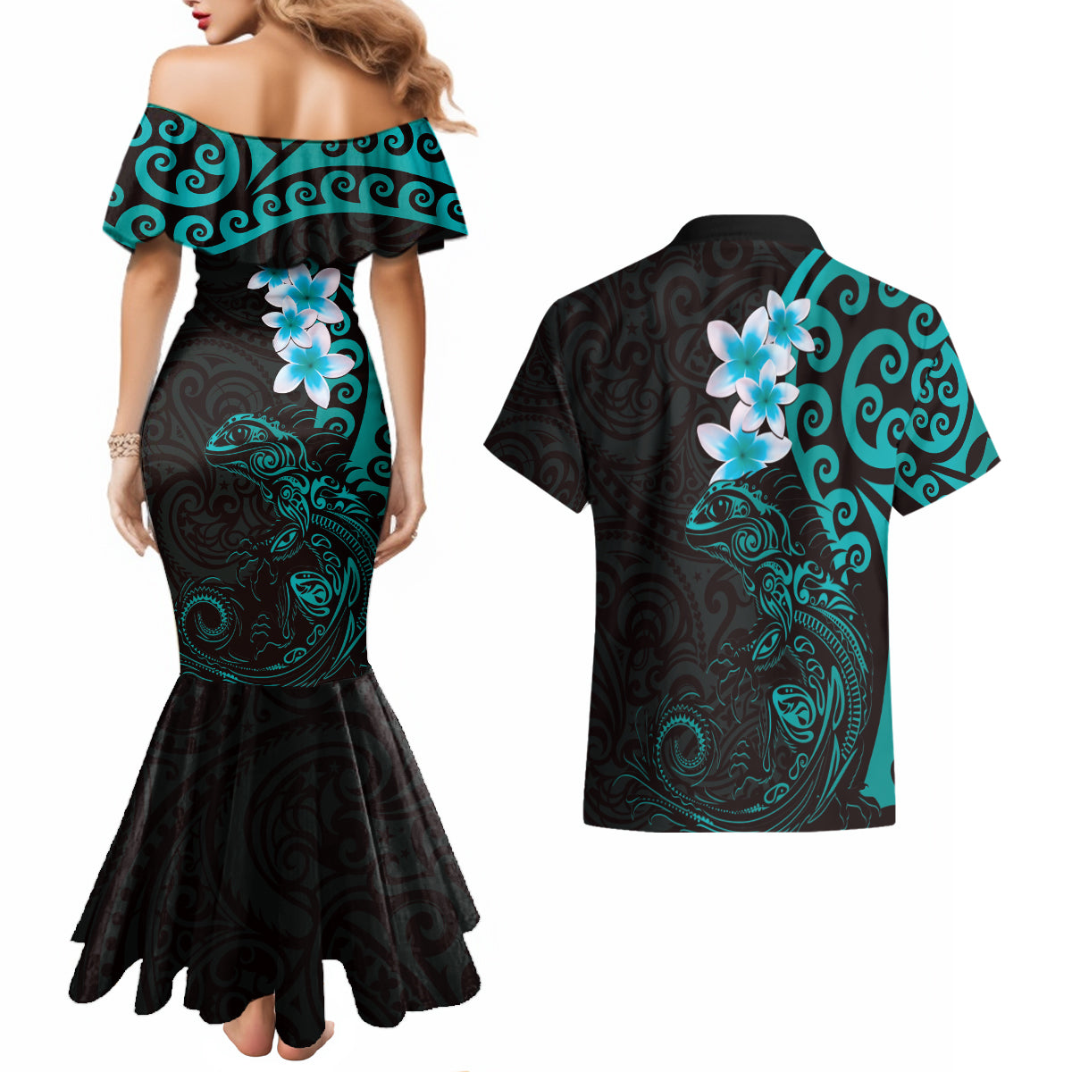 New Zealand Tuatara Plumeria Couples Matching Mermaid Dress and Hawaiian Shirt Maori Teal Koru Tribal Tattoo LT01 - Polynesian Pride