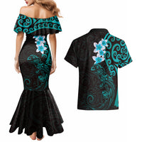 New Zealand Tuatara Plumeria Couples Matching Mermaid Dress and Hawaiian Shirt Maori Teal Koru Tribal Tattoo LT01 - Polynesian Pride