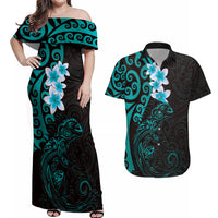 New Zealand Tuatara Plumeria Couples Matching Off Shoulder Maxi Dress and Hawaiian Shirt Maori Teal Koru Tribal Tattoo LT01 Teal - Polynesian Pride